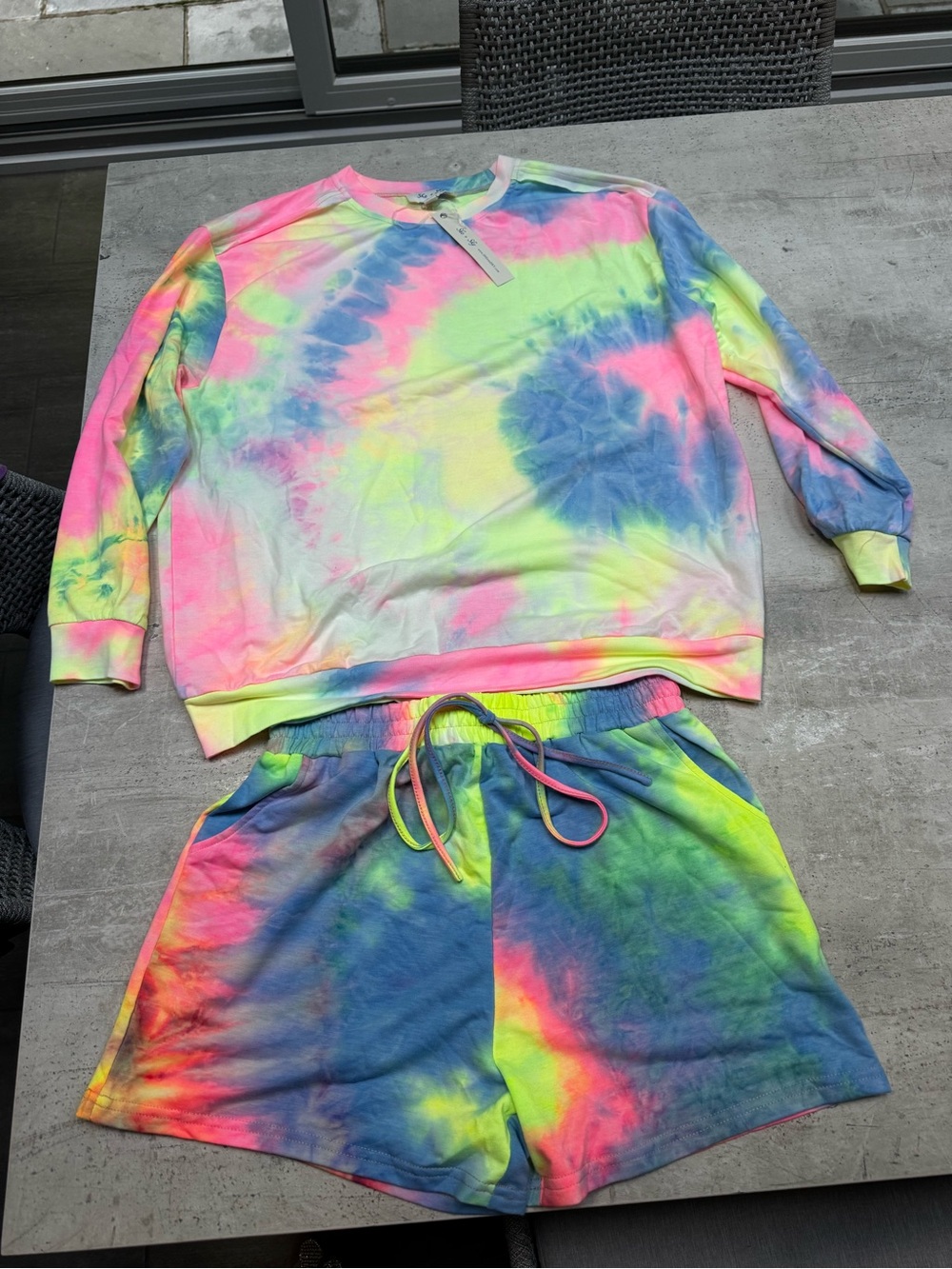 She + Sky Neon Tie-Dye Sweatshirt and Shorts Set - Pink, Yellow, Blue, Green